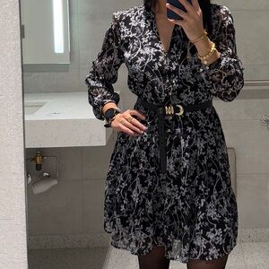 LOFT Black and White Floral Long Sleeve Dress